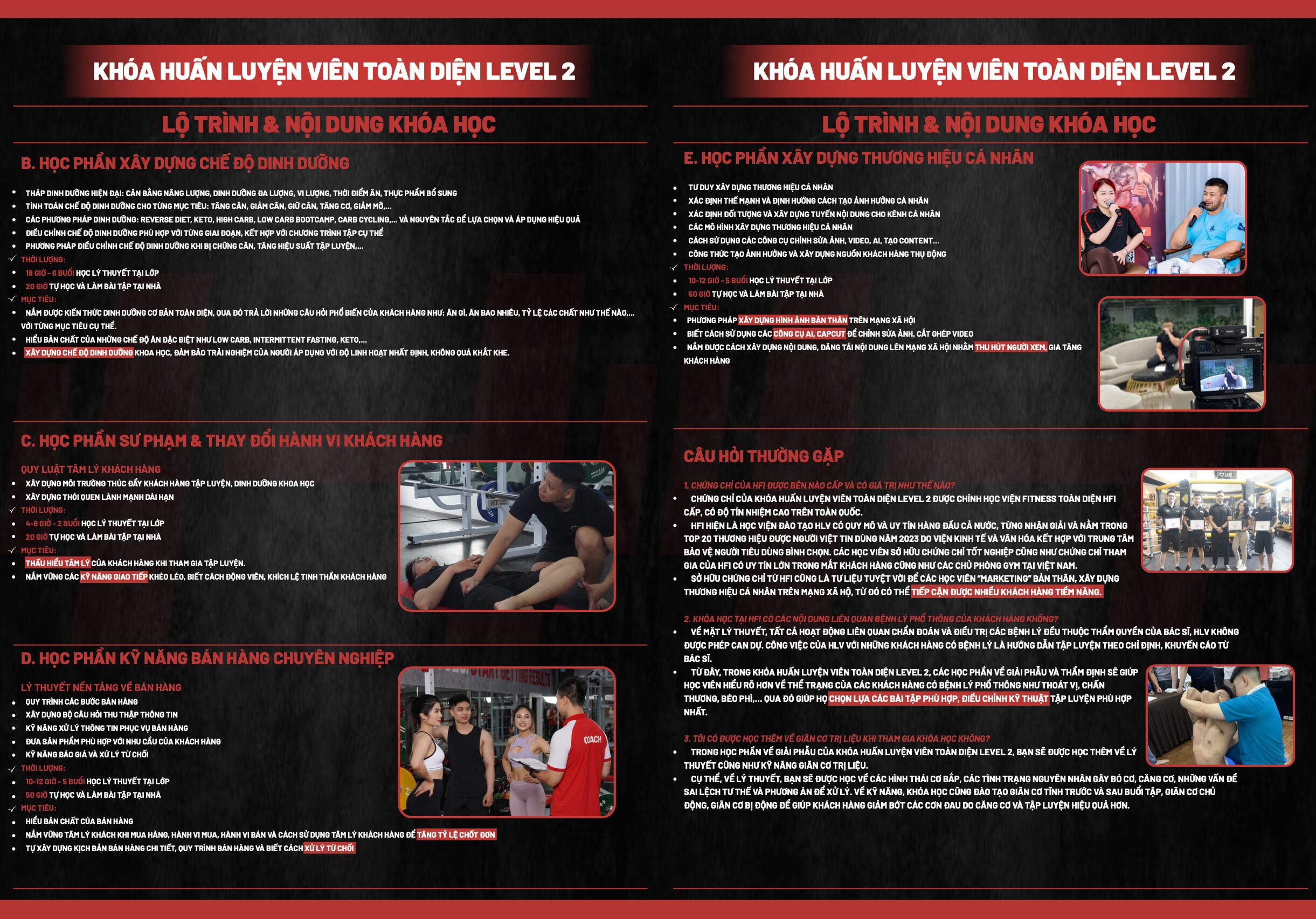 nội dung khóa học pt tại học viện đào tạo PT GYM HFI - HT Fitness Institute