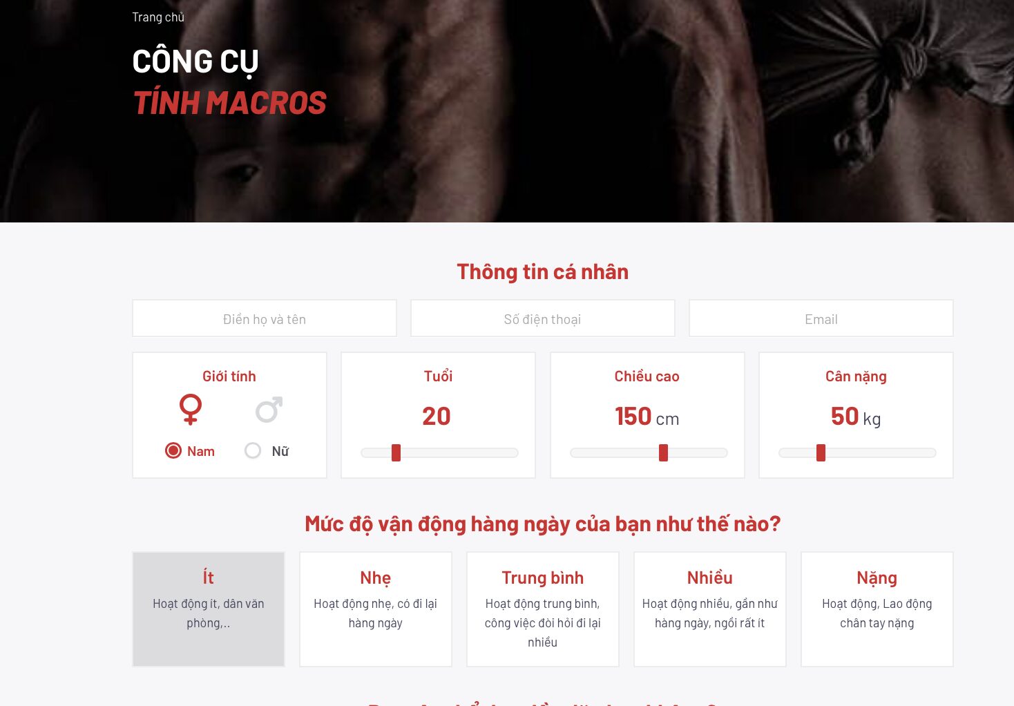 HFI đã thiết kế công cụ tính calo, macros tự động với các thông tin có sẵn của bạn