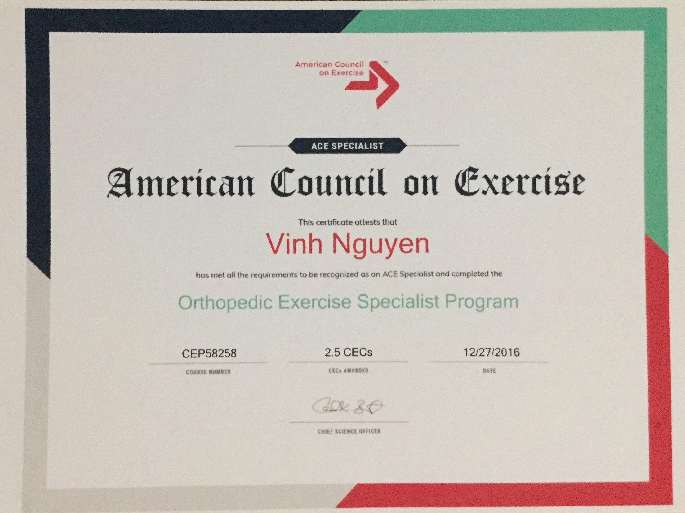 Chứng chỉ huấn luyện viên thể hình ACE (American Council on Exercise) của C.A.O HT Fitness và HFI Vinh Nguyễn