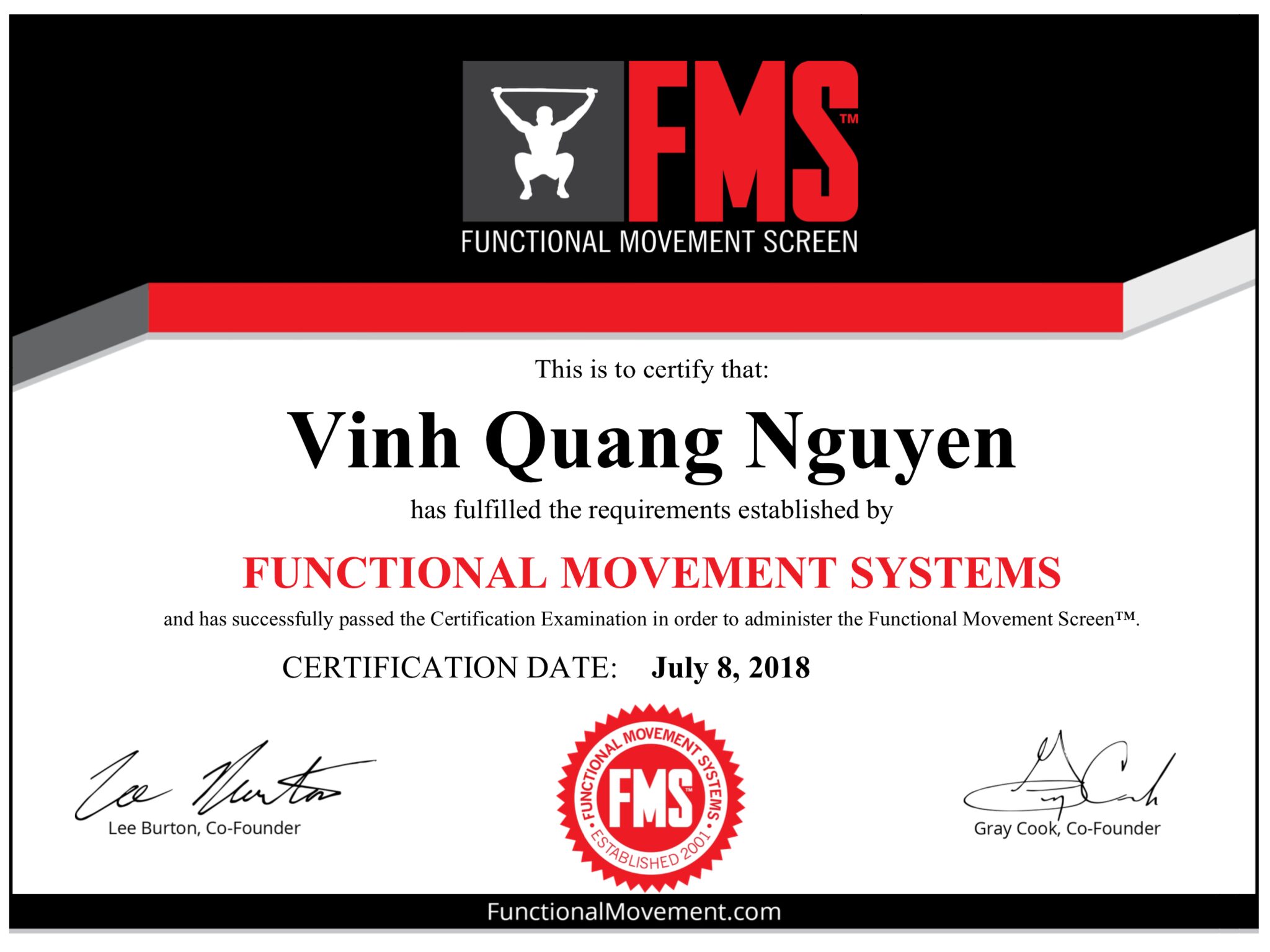 Chứng chỉ huấn luyện viên thể hình FMS (Functional Movement Systems) của C.A.O Vinh Nguyễn